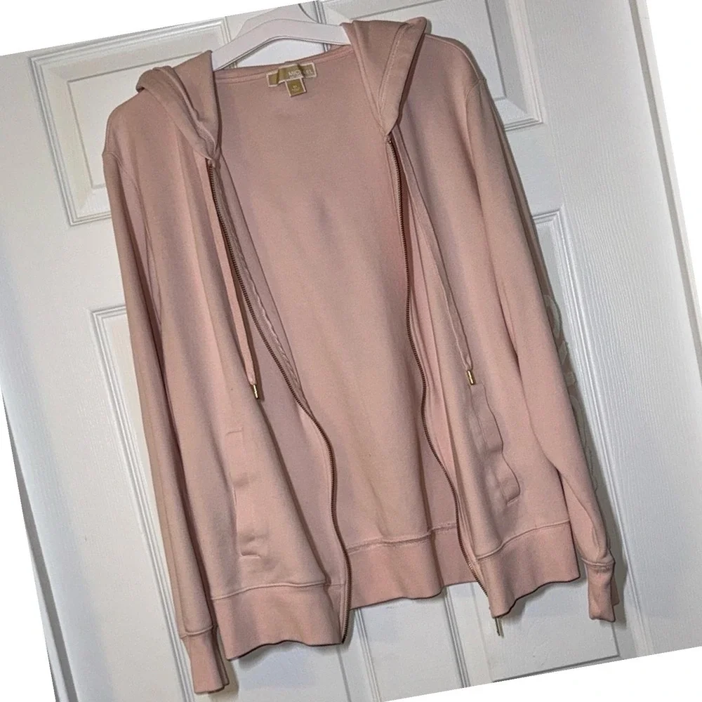 Michael Kors Womens Pink Zip Up Hoodie KORS Sleeve Logo Sweatshirt Size Medium